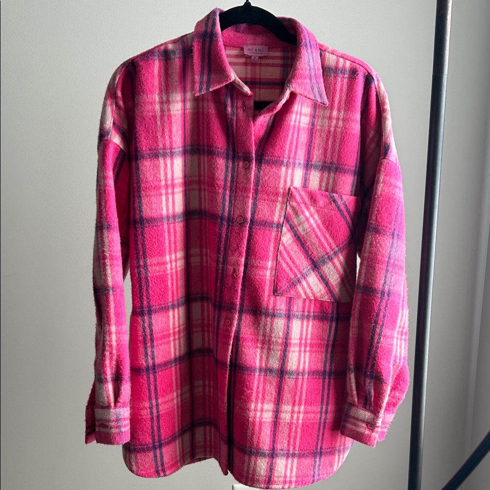 Francesca's Collections Pink & Navy Plaid Shacket